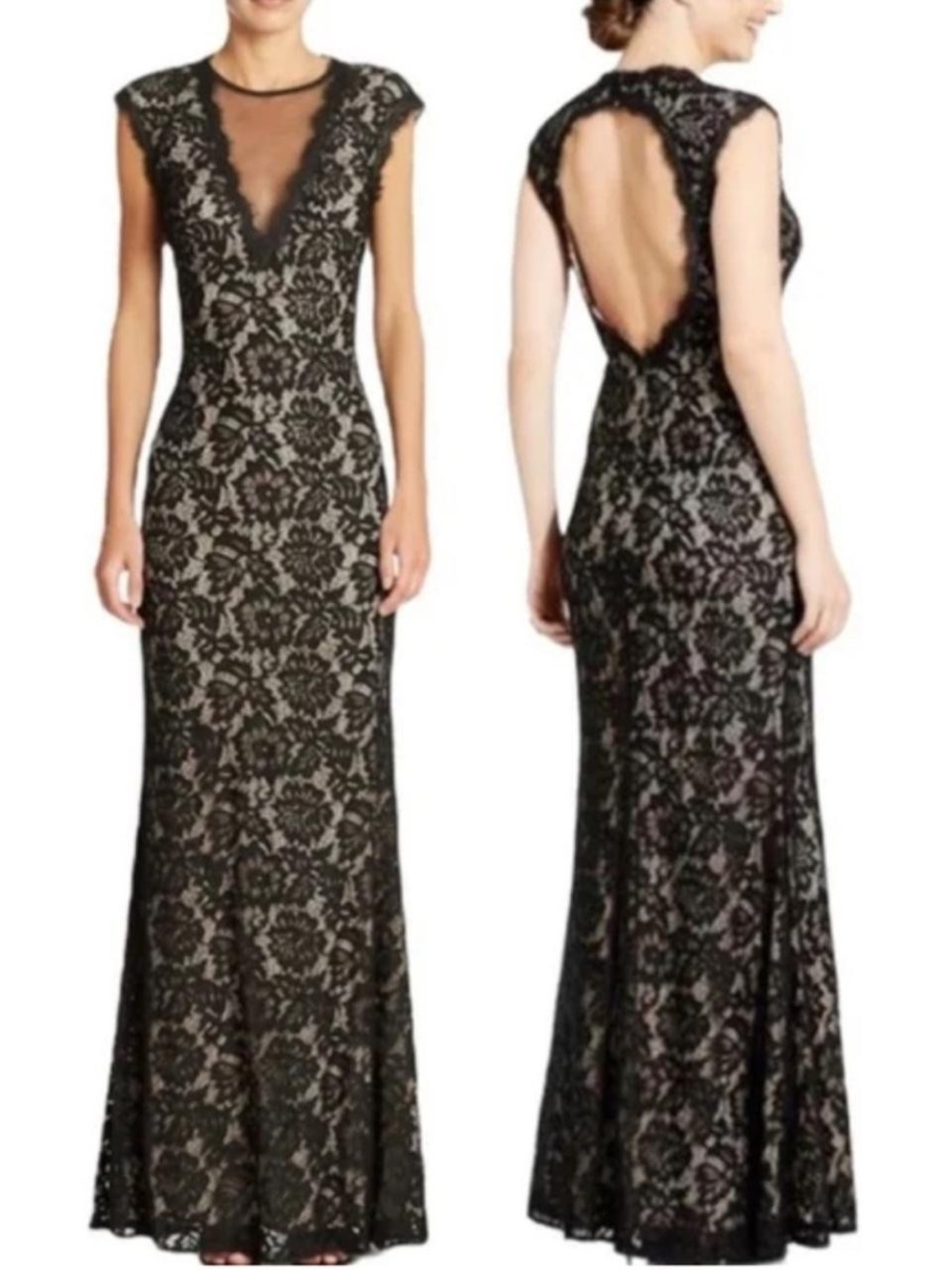 Betsy & Adam Blush Navy Lace Evening Maxi Dress Sz 6 Formfitting Mermaid